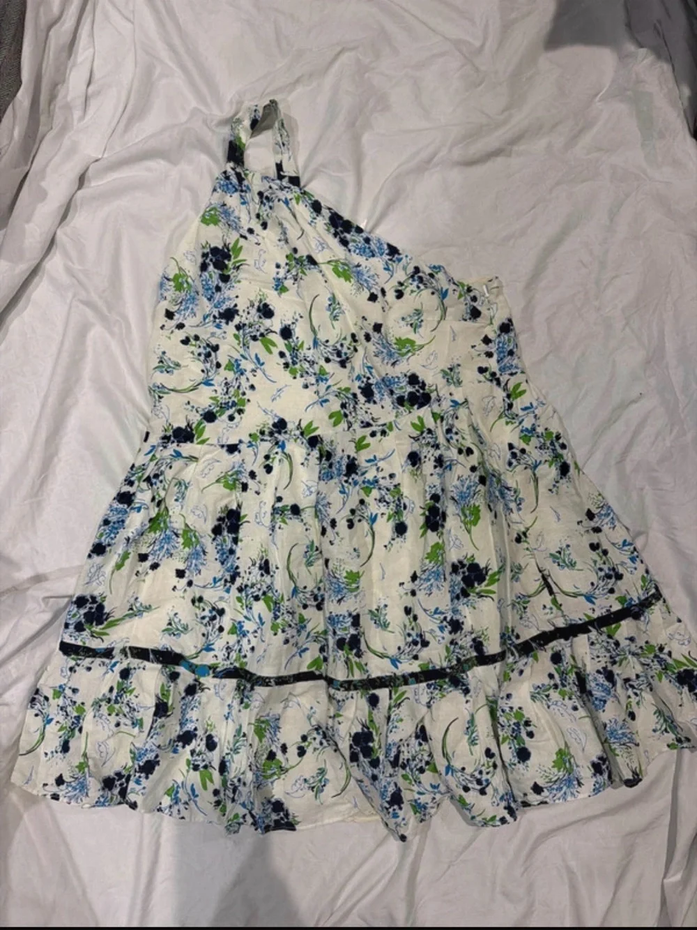 Free People White One-Shoulder Floral Dress with Blue and Green Print